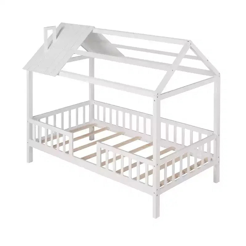 Struttura letto a casetta Okak in legno massello, misura doppia, con tetto e recinzione, simpatico letto a piattaforma per cameretta bambini, camera da letto