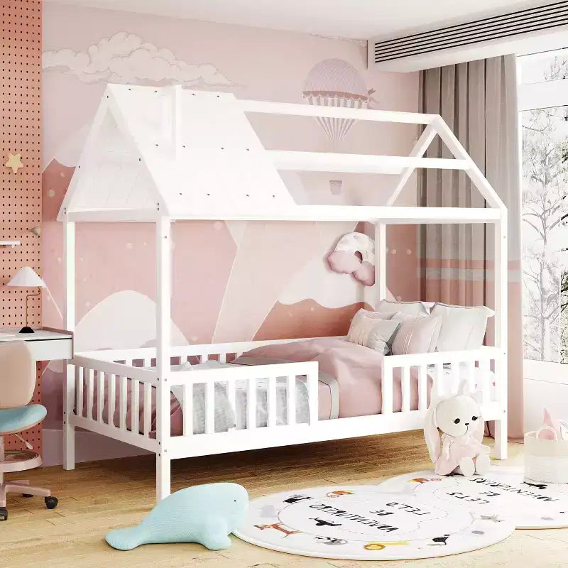 Okak Twin Size Solid Wood House Bed Frame with Proof & Fence,Cute Platform Bed for Kids Room,Bedroom