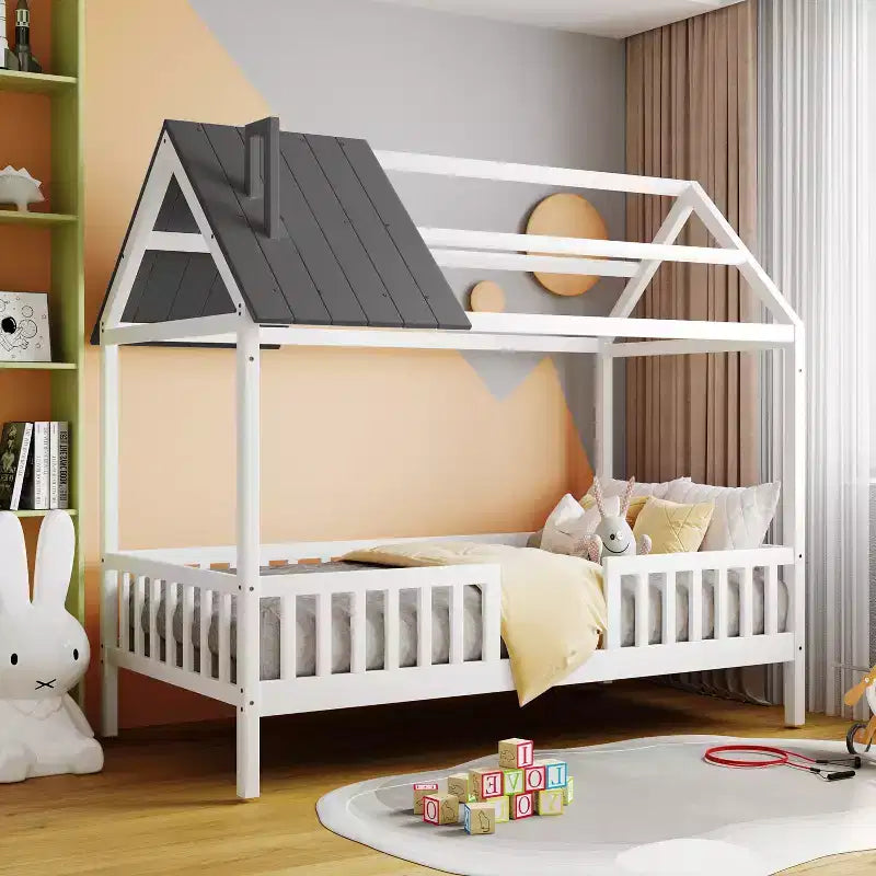 Okak Twin Size Solid Wood House Bed Frame with Proof & Fence,Cute Platform Bed for Kids Room,Bedroom