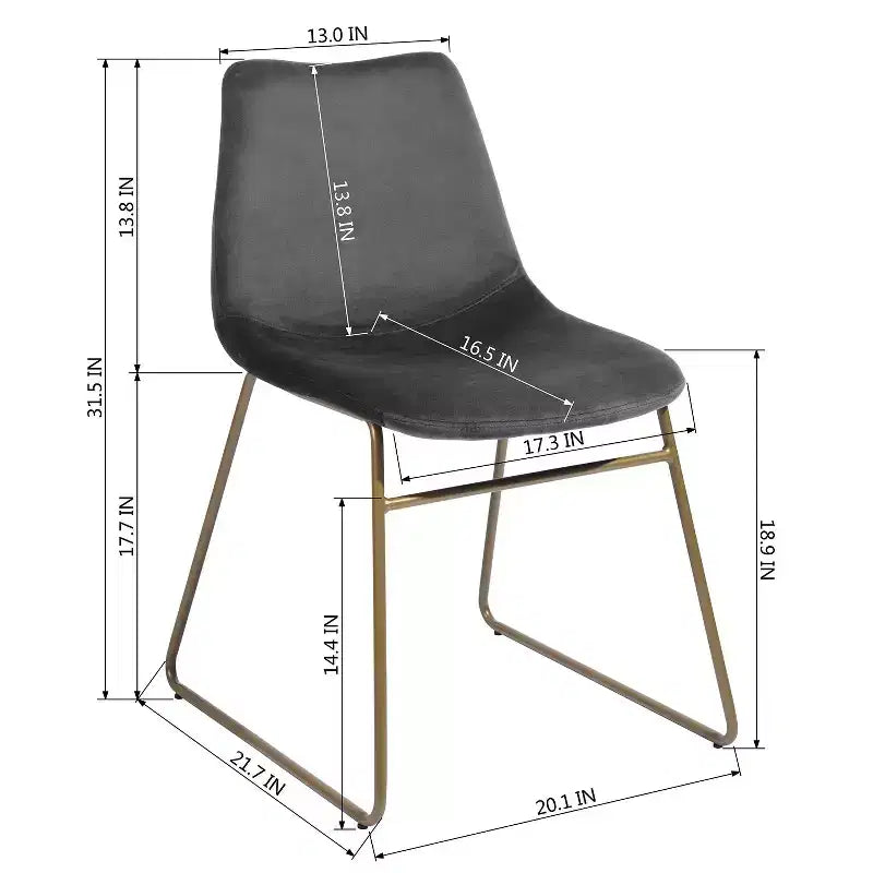 Sedie da pranzo Homy Casa in velluto con gambe in metallo dorato, sedie laterali moderne per sala da pranzo e soggiorno, set da 2, grigio