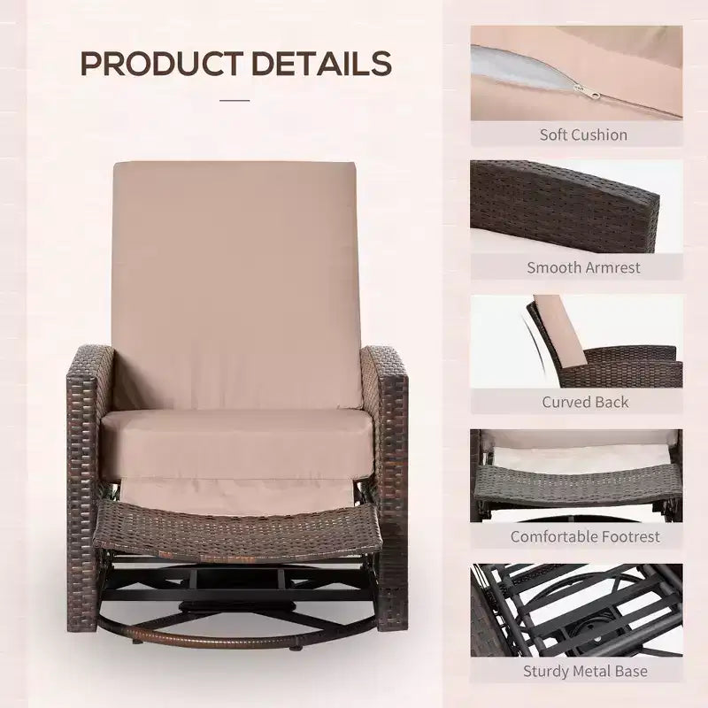 Outdoor Wicker Swivel Recliner Chair, Reclining Backrest, Lifting Footrest, 360 Degree Rotating Basic, Water Resistant Cushions for Patio