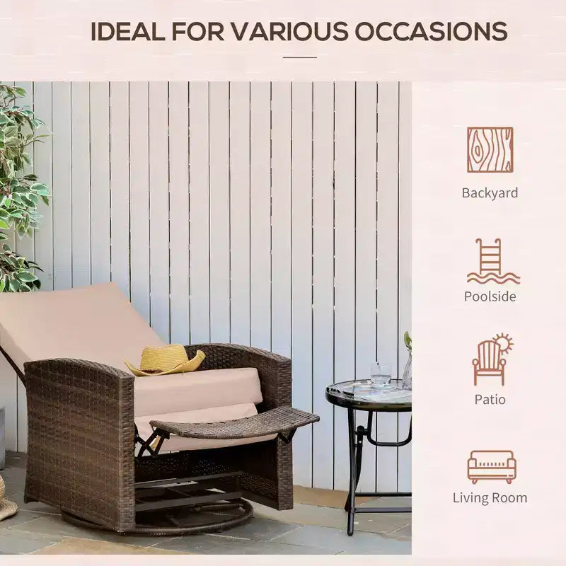 Outdoor Wicker Swivel Recliner Chair, Reclining Backrest, Lifting Footrest, 360 Degree Rotating Basic, Water Resistant Cushions for Patio