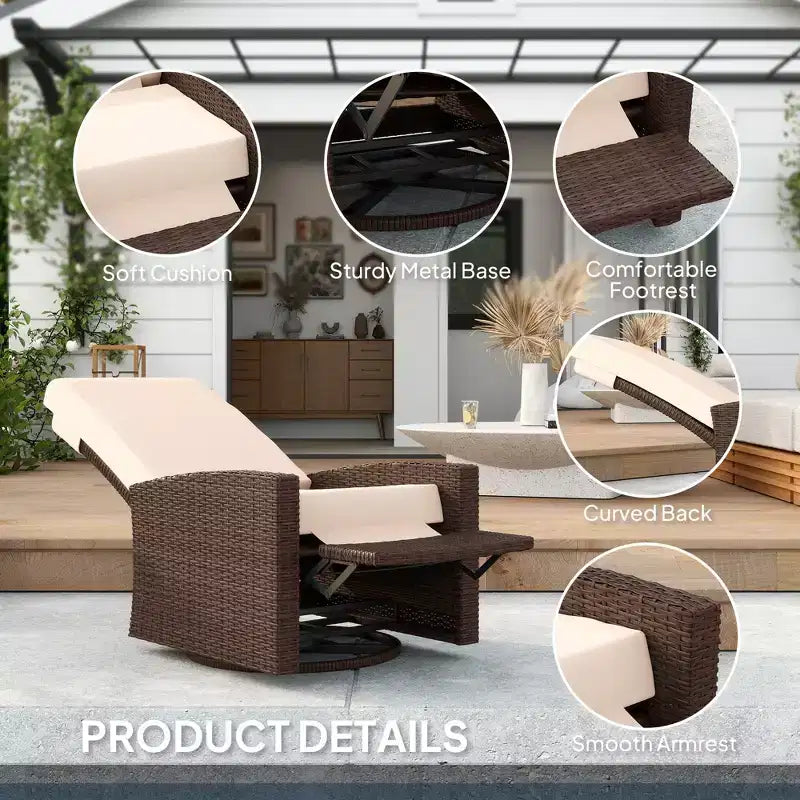 Outdoor Wicker Swivel Recliner Chair, Lifting Footrest, 360 Degree Rotating Basic, Water-resistant Cushions