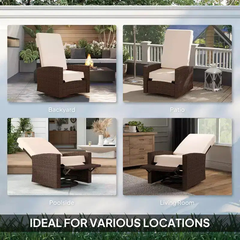 Outdoor Wicker Swivel Recliner Chair, Lifting Footrest, 360 Degree Rotating Basic, Water-resistant Cushions