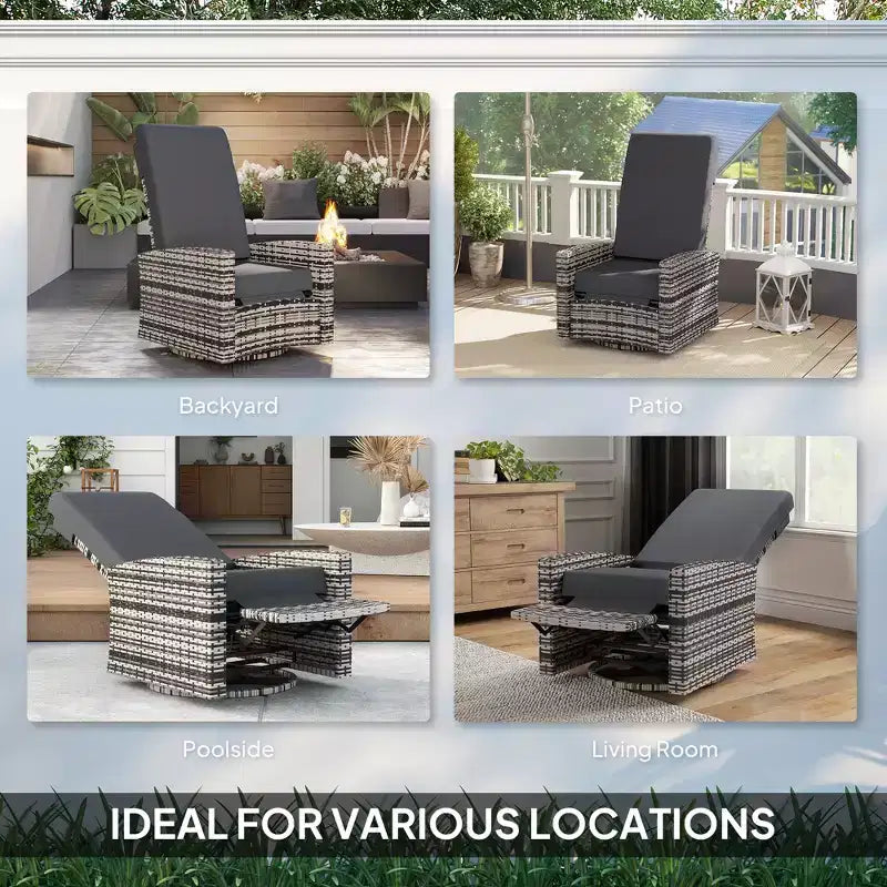 Outdoor Wicker Swivel Recliner Chair, Lifting Footrest, 360 Degree Rotating Basic, Water-resistant Cushions