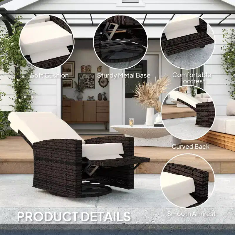 Outdoor Wicker Swivel Recliner Chair, Lifting Footrest, 360 Degree Rotating Basic, Water-resistant Cushions