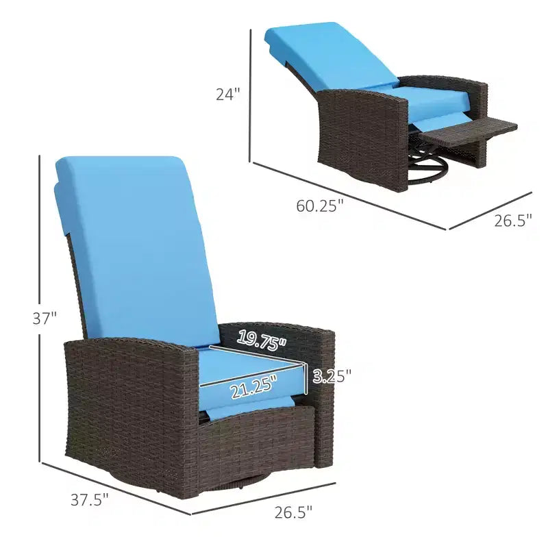 Outdoor Wicker Swivel Recliner Chair, Lifting Footrest, 360 Degree Rotating Basic, Water-resistant Cushions