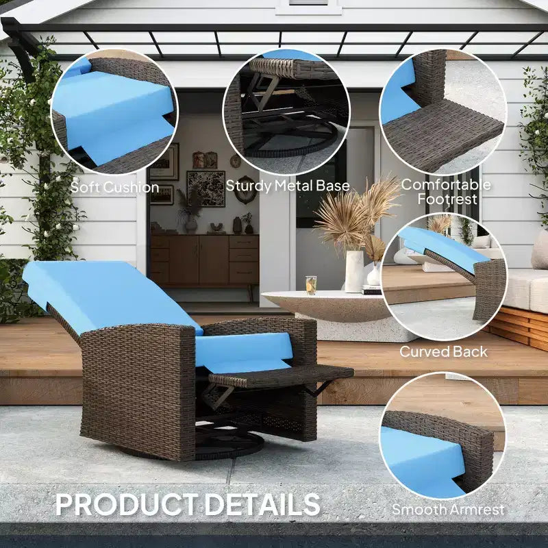 Outdoor Wicker Swivel Recliner Chair, Lifting Footrest, 360 Degree Rotating Basic, Water-resistant Cushions