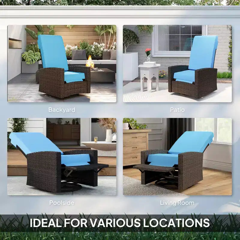 Outdoor Wicker Swivel Recliner Chair, Lifting Footrest, 360 Degree Rotating Basic, Water-resistant Cushions