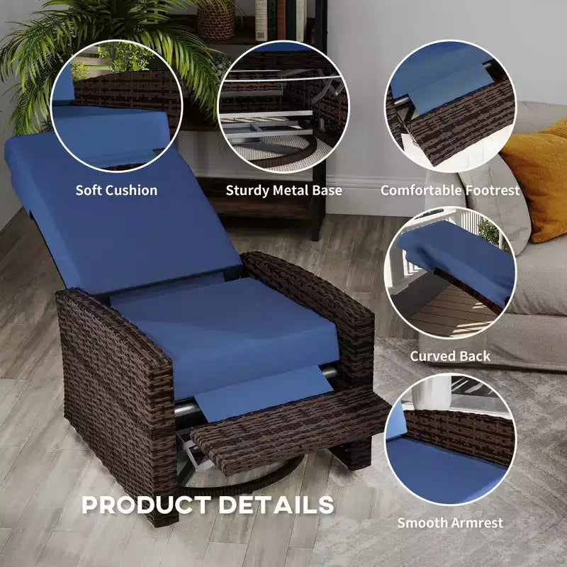 Outdoor Wicker Swivel Recliner Chair, Lifting Footrest, 360 Degree Rotating Basic, Water-resistant Cushions