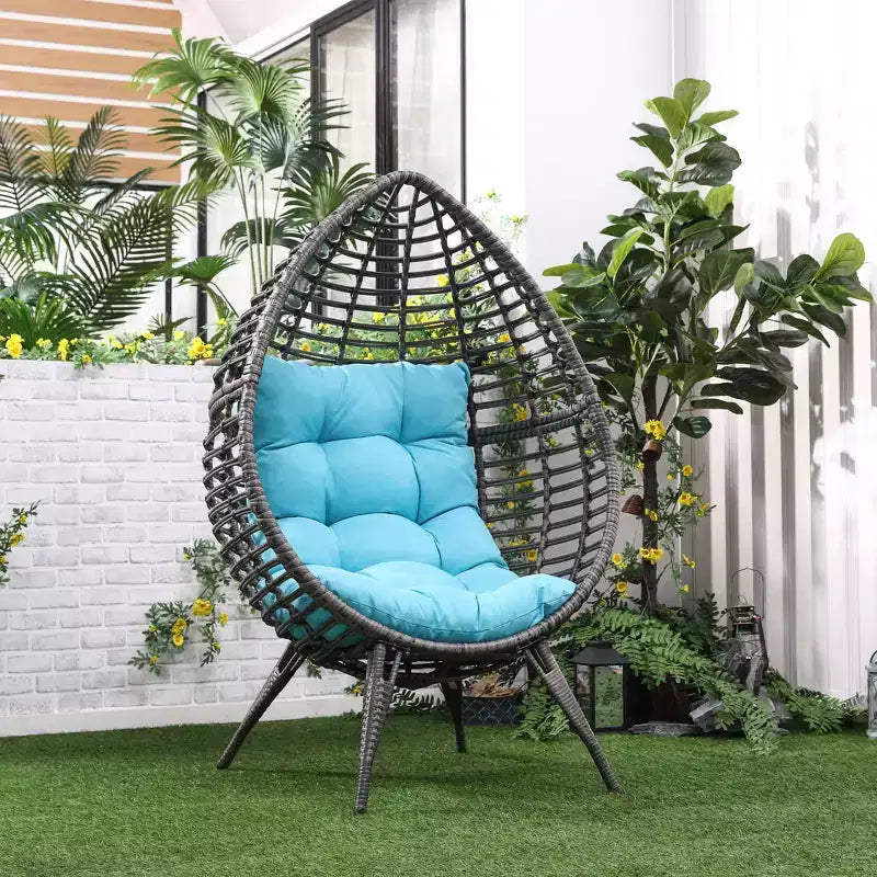 Patio Wicker Egg Chair w/ Soft Cushion,Outdoor / Indoor Patio Chair, PE Plastic Rattan Furniture with Adjustable Height Feet Pads