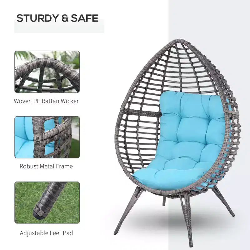 Patio Wicker Egg Chair w/ Soft Cushion,Outdoor / Indoor Patio Chair, PE Plastic Rattan Furniture with Adjustable Height Feet Pads