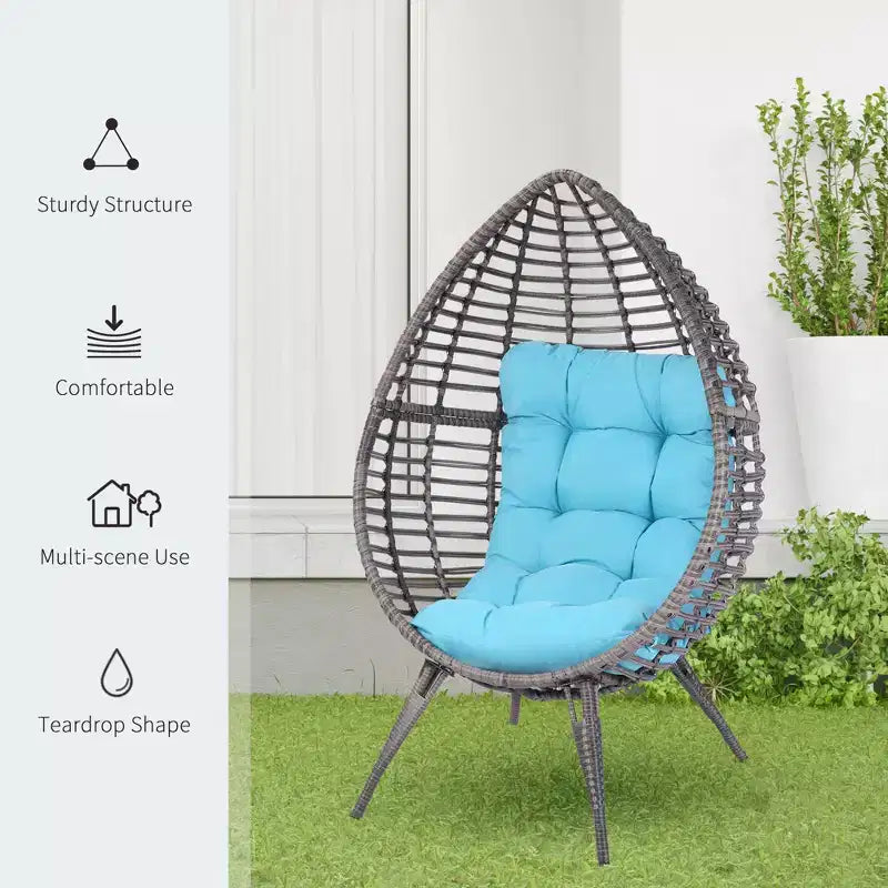 Patio Wicker Egg Chair w/ Soft Cushion,Outdoor / Indoor Patio Chair, PE Plastic Rattan Furniture with Adjustable Height Feet Pads