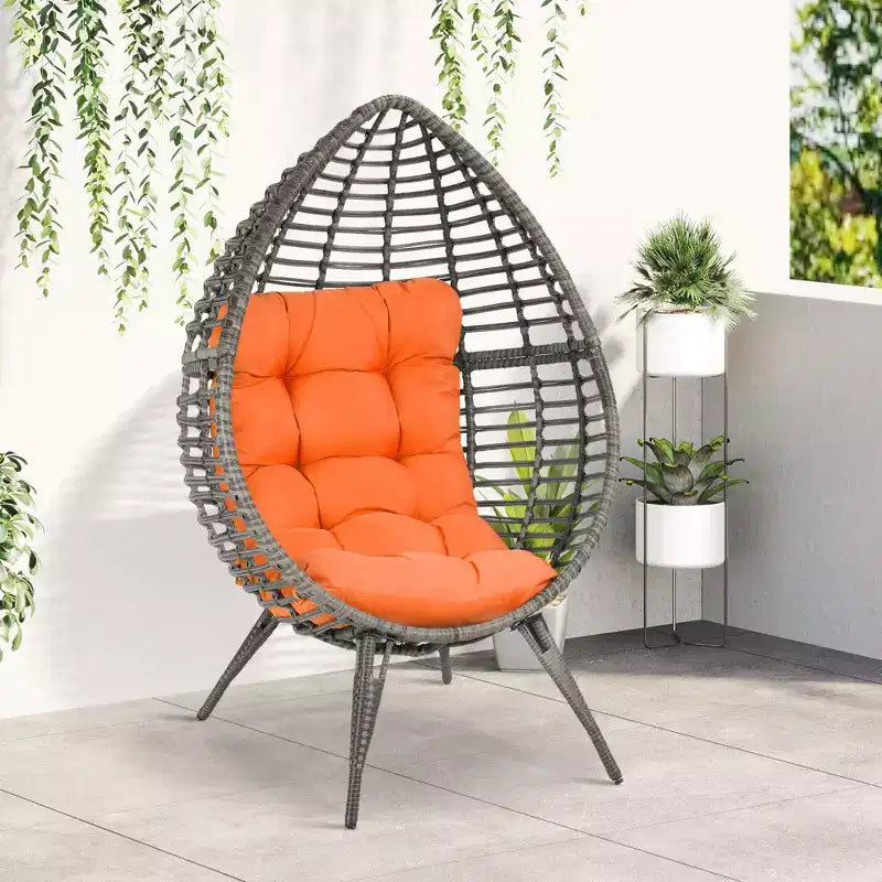 Patio Wicker Egg Chair w/ Soft Cushion,Outdoor / Indoor Patio Chair, PE Plastic Rattan Furniture with Adjustable Height Feet Pads