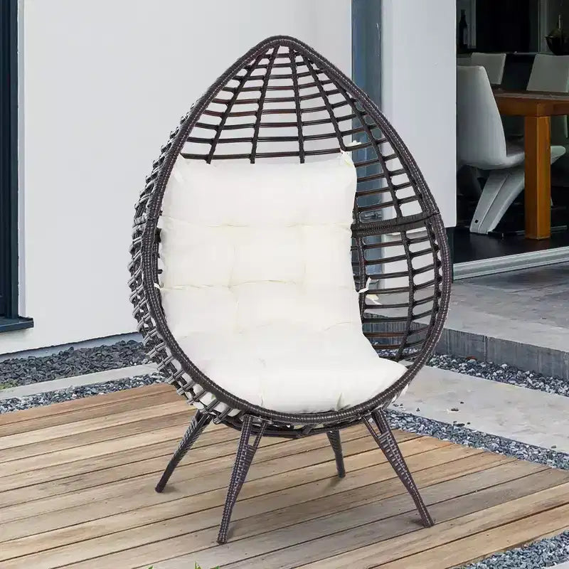 Patio Wicker Egg Chair w/ Soft Cushion,Outdoor / Indoor Patio Chair, PE Plastic Rattan Furniture with Adjustable Height Feet Pads