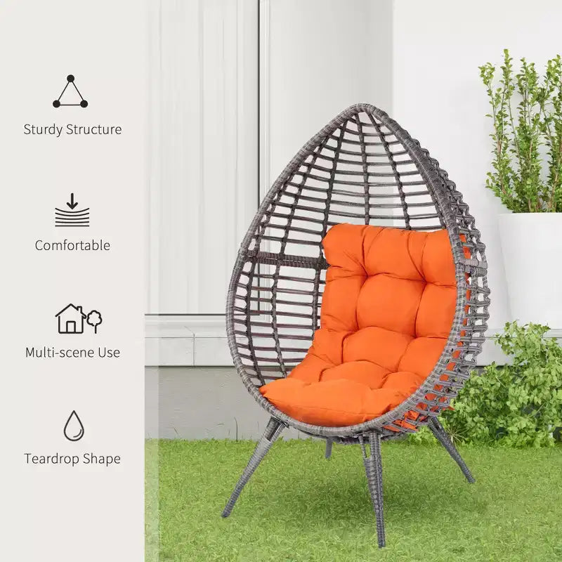 Patio Wicker Egg Chair w/ Soft Cushion,Outdoor / Indoor Patio Chair, PE Plastic Rattan Furniture with Adjustable Height Feet Pads