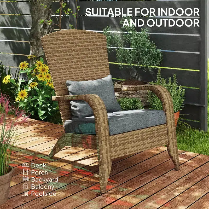 Patio Adirondack Chair with Rattan Wicker, Soft Cushions, Tall Curved Backrest for Deck or Garden