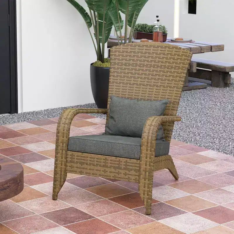 Patio Adirondack Chair with Rattan Wicker, Soft Cushions, Tall Curved Backrest for Deck or Garden
