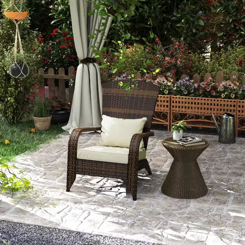 Patio Adirondack Chair with Rattan Wicker, Soft Cushions, Tall Curved Backrest for Deck or Garden