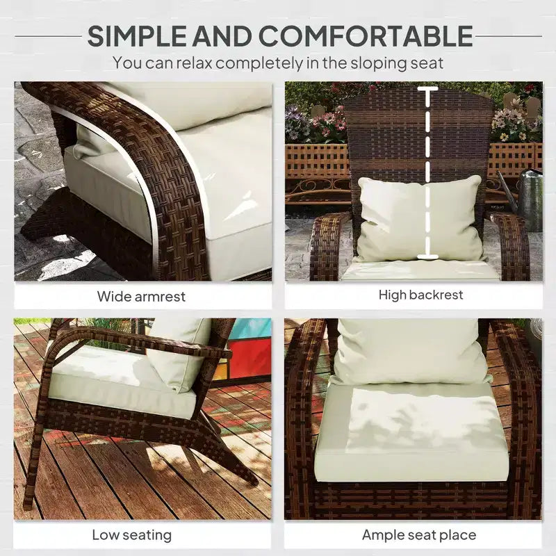 Patio Adirondack Chair with Rattan Wicker, Soft Cushions, Tall Curved Backrest for Deck or Garden
