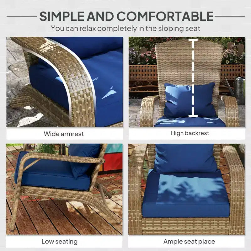 Patio Adirondack Chair with Rattan Wicker, Soft Cushions, Tall Curved Backrest for Deck or Garden