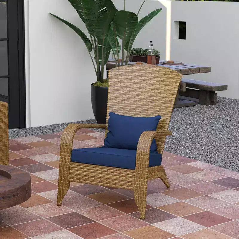 Patio Adirondack Chair with Rattan Wicker, Soft Cushions, Tall Curved Backrest for Deck or Garden