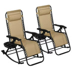 2 Outdoor Rocking Chairs Foldable Reclining Zero Gravity Lounge Rockers w/ Pillow Cup & Phone Holder