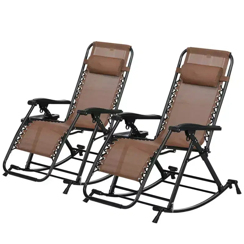 2 Outdoor Rocking Chairs Foldable Reclining Zero Gravity Lounge Rockers w/ Pillow Cup & Phone Holder