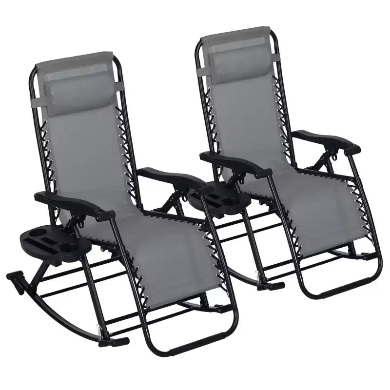 2 Outdoor Rocking Chairs Foldable Reclining Zero Gravity Lounge Rockers w/ Pillow Cup & Phone Holder