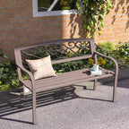 50 Outdoor Bench, Metal Garden Bench with Floral Pattern Backrest, Porch Bench with Slatted Seat for Park, Lawn