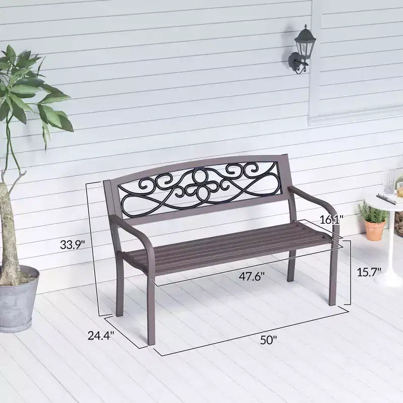 50 Outdoor Bench, Metal Garden Bench with Floral Pattern Backrest, Porch Bench with Slatted Seat for Park, Lawn