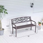 50 Outdoor Bench, Metal Garden Bench with Floral Pattern Backrest, Porch Bench with Slatted Seat for Park, Lawn