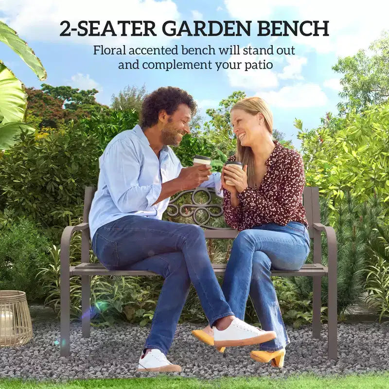 50 Outdoor Bench, Metal Garden Bench with Floral Pattern Backrest, Porch Bench with Slatted Seat for Park, Lawn