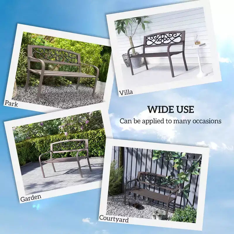 50 Outdoor Bench, Metal Garden Bench with Floral Pattern Backrest, Porch Bench with Slatted Seat for Park, Lawn