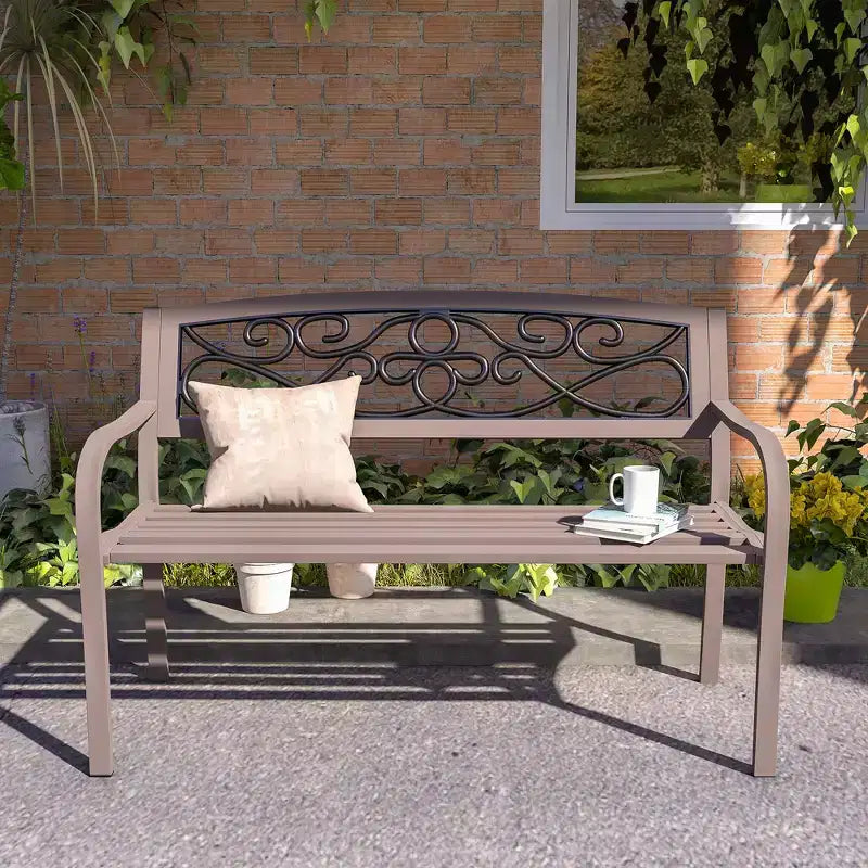50 Outdoor Bench, Metal Garden Bench with Floral Pattern Backrest, Porch Bench with Slatted Seat for Park, Lawn
