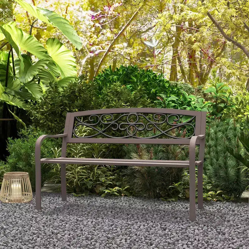 50 Outdoor Bench, Metal Garden Bench with Floral Pattern Backrest, Porch Bench with Slatted Seat for Park, Lawn