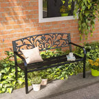 50 Outdoor Bench, Metal Garden Bench with Floral Pattern Backrest, Porch Bench with Slatted Seat for Park, Lawn