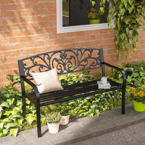 50 Panche da esterno, Panca da giardino in metallo con schienale a motivo floreale, Panca da portico con seduta a doghe per parco, prato