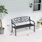 50 Outdoor Bench, Metal Garden Bench with Floral Pattern Backrest, Porch Bench with Slatted Seat for Park, Lawn