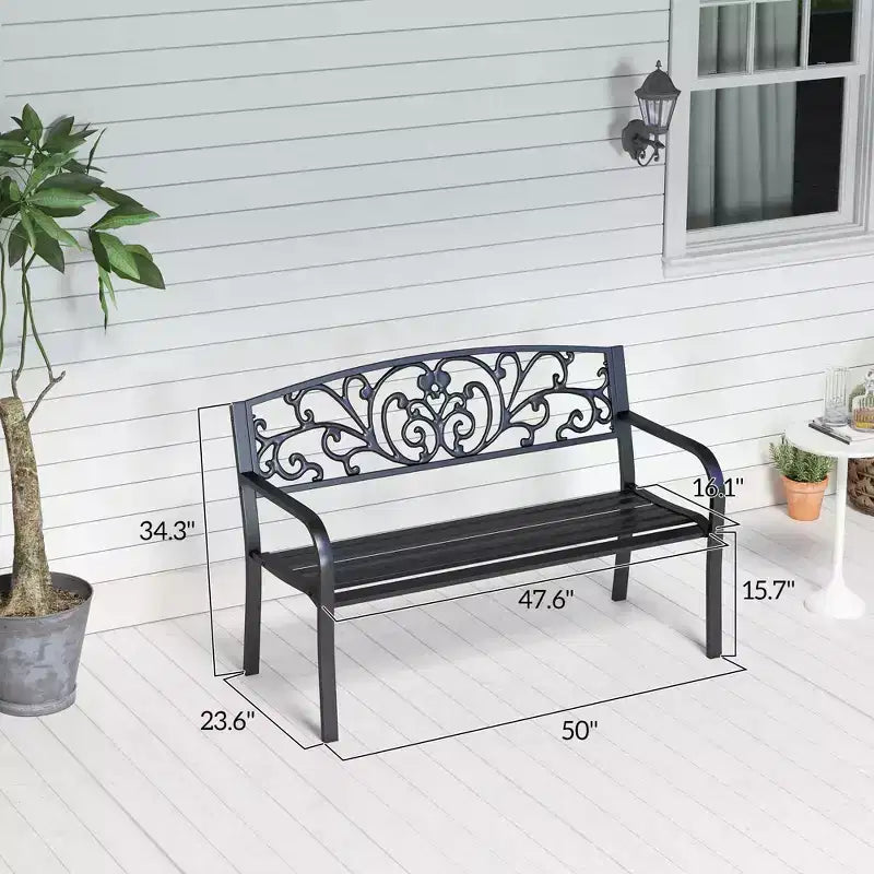50 Outdoor Bench, Metal Garden Bench with Floral Pattern Backrest, Porch Bench with Slatted Seat for Park, Lawn