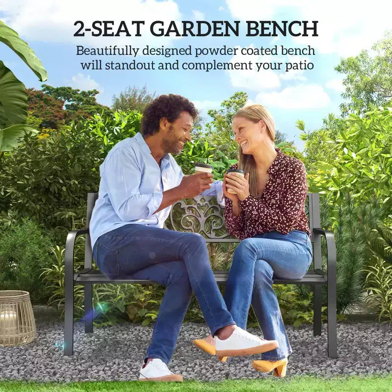 50 Outdoor Bench, Metal Garden Bench with Floral Pattern Backrest, Porch Bench with Slatted Seat for Park, Lawn