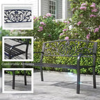 50 Outdoor Bench, Metal Garden Bench with Floral Pattern Backrest, Porch Bench with Slatted Seat for Park, Lawn