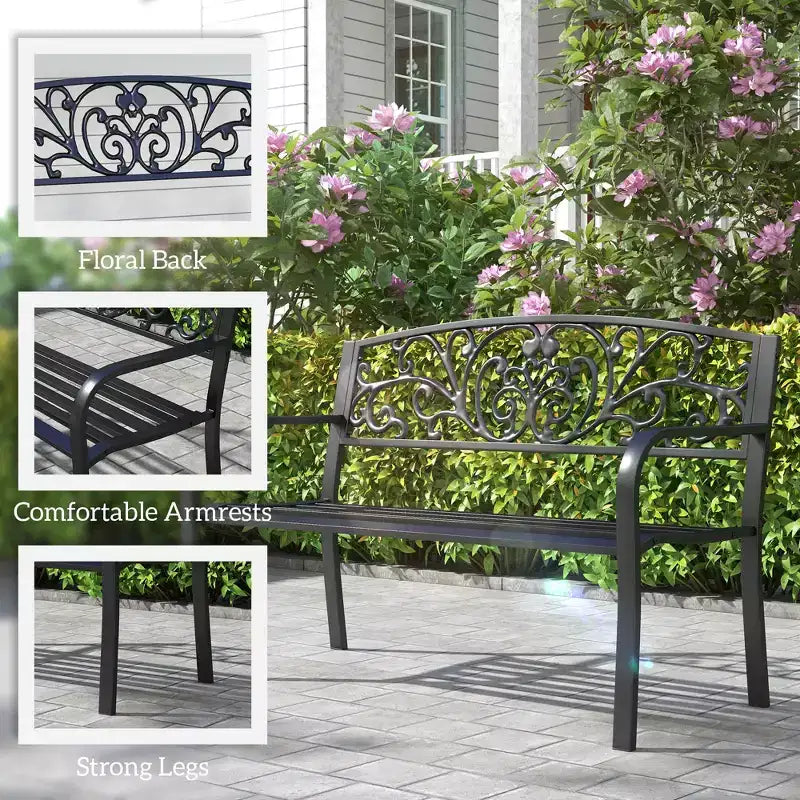 50 Outdoor Bench, Metal Garden Bench with Floral Pattern Backrest, Porch Bench with Slatted Seat for Park, Lawn