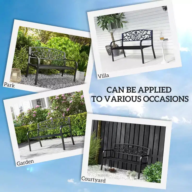 50 Outdoor Bench, Metal Garden Bench with Floral Pattern Backrest, Porch Bench with Slatted Seat for Park, Lawn