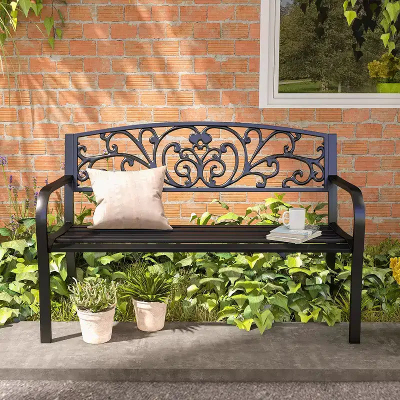 50 Outdoor Bench, Metal Garden Bench with Floral Pattern Backrest, Porch Bench with Slatted Seat for Park, Lawn