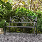 50 Outdoor Bench, Metal Garden Bench with Floral Pattern Backrest, Porch Bench with Slatted Seat for Park, Lawn
