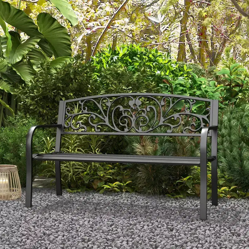 50 Outdoor Bench, Metal Garden Bench with Floral Pattern Backrest, Porch Bench with Slatted Seat for Park, Lawn