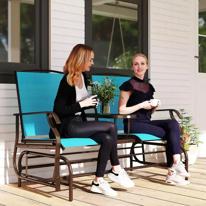 Outdoor Glider Bench with Center Table, Metal Frame Patio Loveseat with Breathable Mesh Fabric and Armrests for Backyard Garden Porch