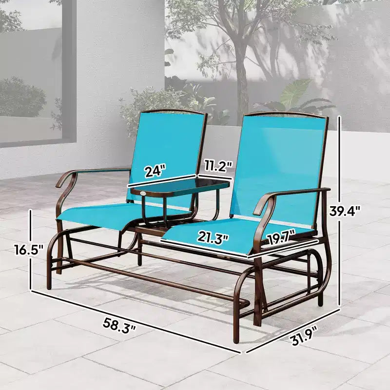 Outdoor Glider Bench with Center Table, Metal Frame Patio Loveseat with Breathable Mesh Fabric and Armrests for Backyard Garden Porch