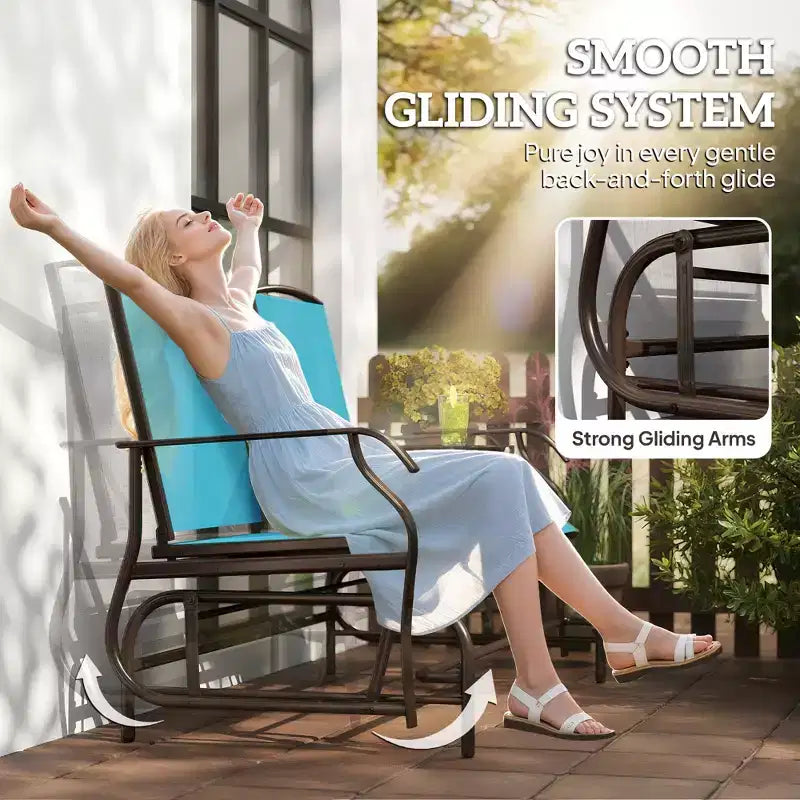 Outdoor Glider Bench with Center Table, Metal Frame Patio Loveseat with Breathable Mesh Fabric and Armrests for Backyard Garden Porch